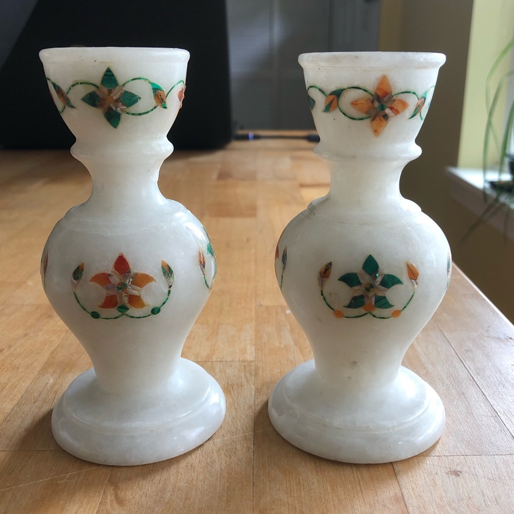 Like-New White Marble Ornate Candle Holders - Picture 1 of 5